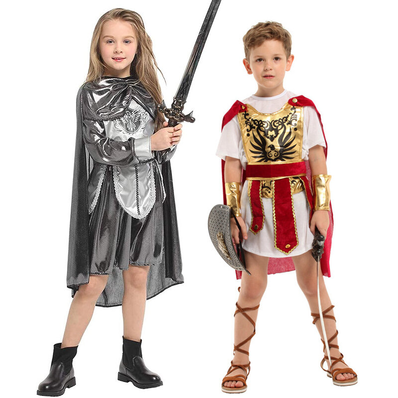 Guarda cosplay romana para crianças, guerreiro gladiador, cavaleiro prateado, fantasia de Halloween para meninos e meninas, criança