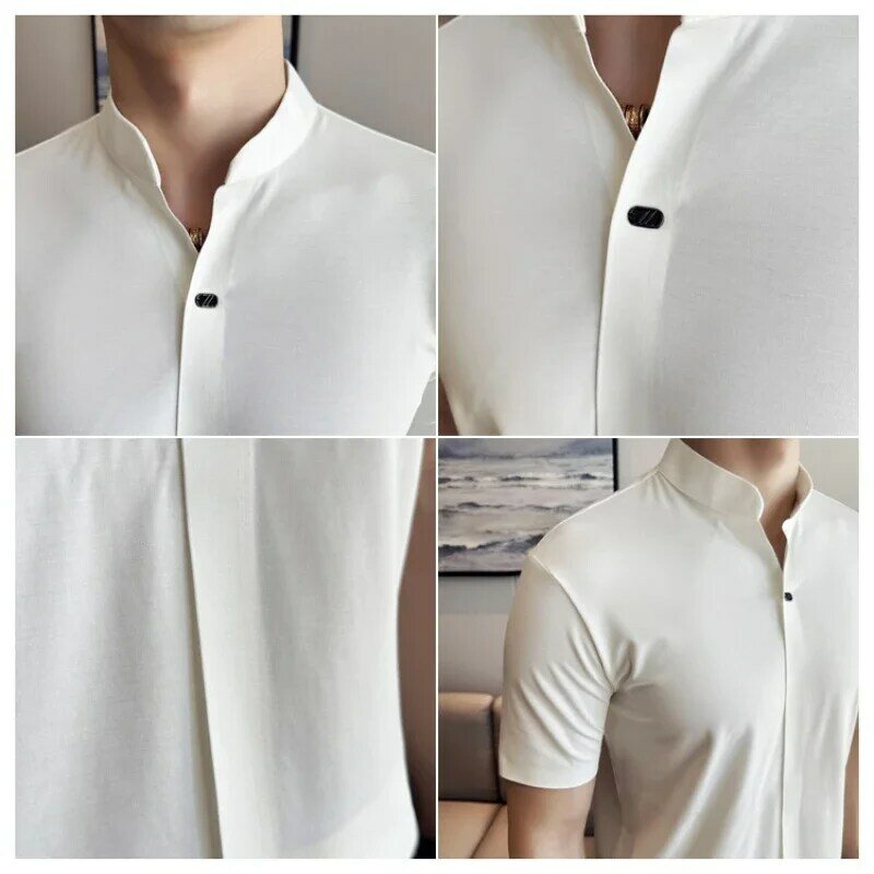 남성용 신축성 V넥 폴로 셔츠, 얇은 반팔 티셔츠, 비즈니스 캐주얼 상의, 2024 하이 퀄리티, M-4XL