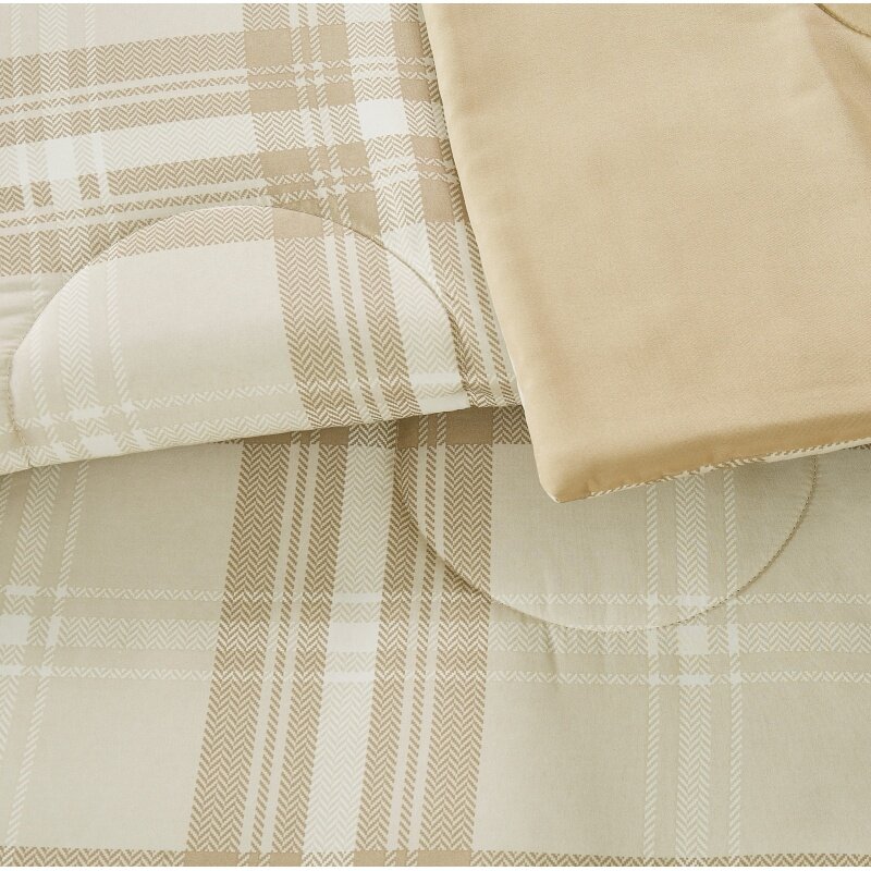 Mainstays เตียง7ชิ้นลายสก๊อตสีเบจใส่กลับด้านได้ในกระเป๋าชุดผ้าปูเตียงควีนไซส์