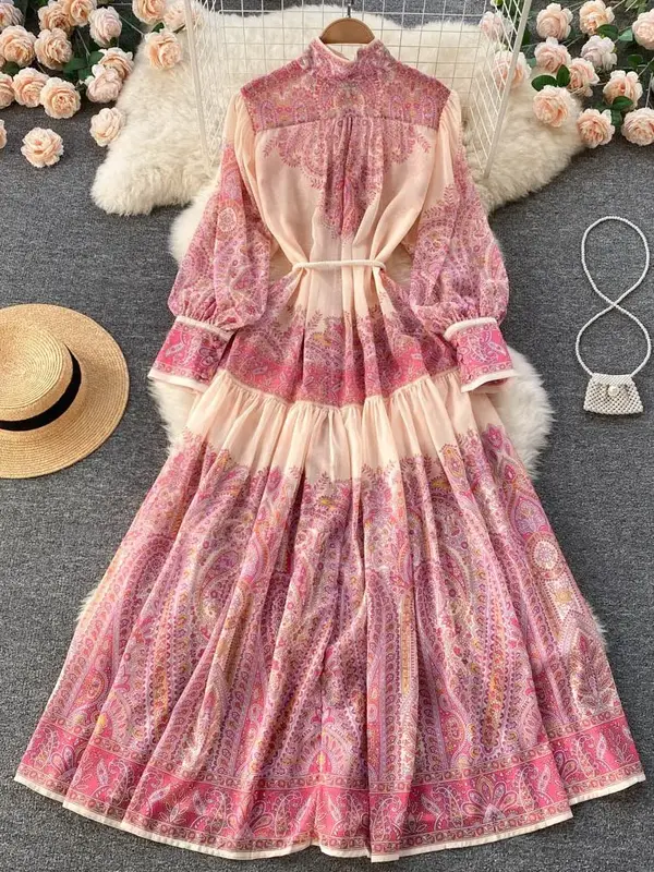 Maxi vestido rosa para mujer, ropa de cuello alto, manga larga de linterna, estampado de flores Retro, cinturón suelto de gasa, Otoño, vacaciones