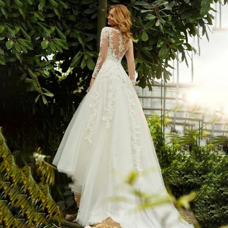 Elegant Illusion Women Wedding Dresses V-Neck Fluffy A-Line Bridal Gowns Long Sleeves Lace Appliques A-Line Vestidos De Novias