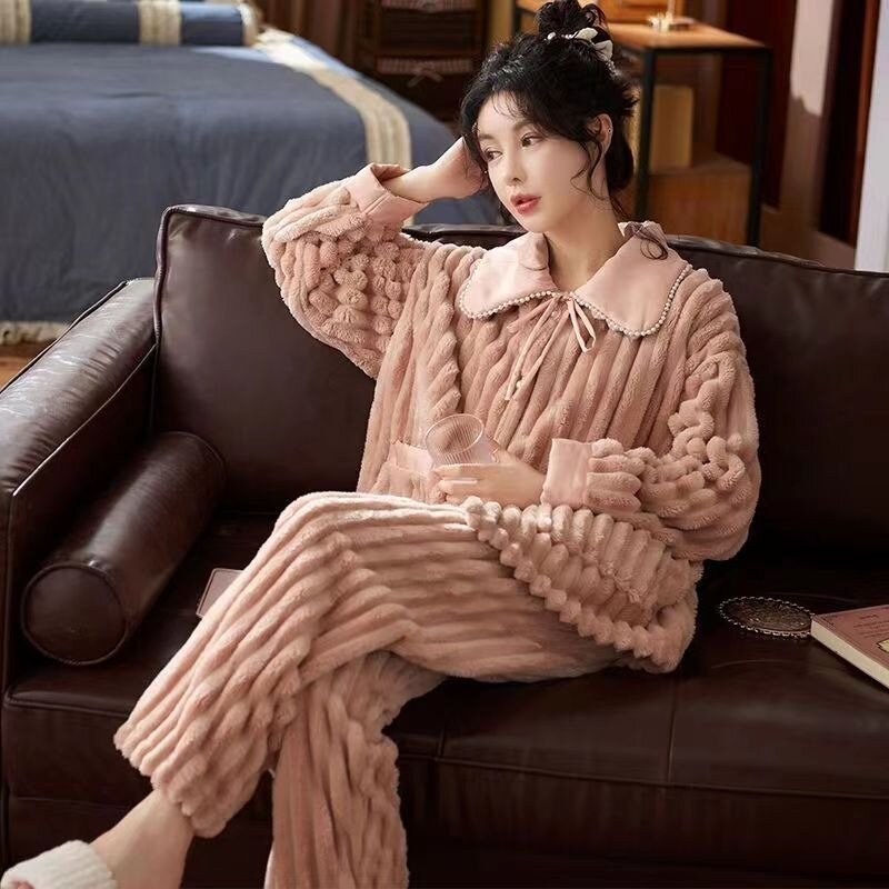 Piyama baru Set pakaian tidur wanita 2 potong mewah karang musim gugur musim dingin gaun panjang tebal manis lucu edisi Korea pakaian tidur rumah