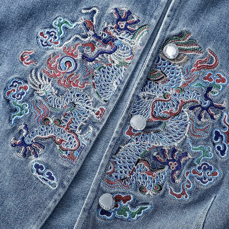 Europejski styl, zachodni styl, wiosna i jesień nowy styl, nowy chiński styl, mały wzrost, niebieski haftowany dżins