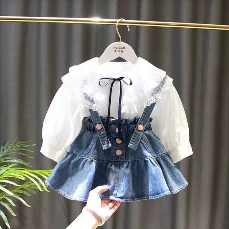 Ensemble de vêtements de printemps et d'automne pour filles, nouvelle mode, édition coréenne, jupe en jean pour enfants, chemise, ensemble de 2 pièces