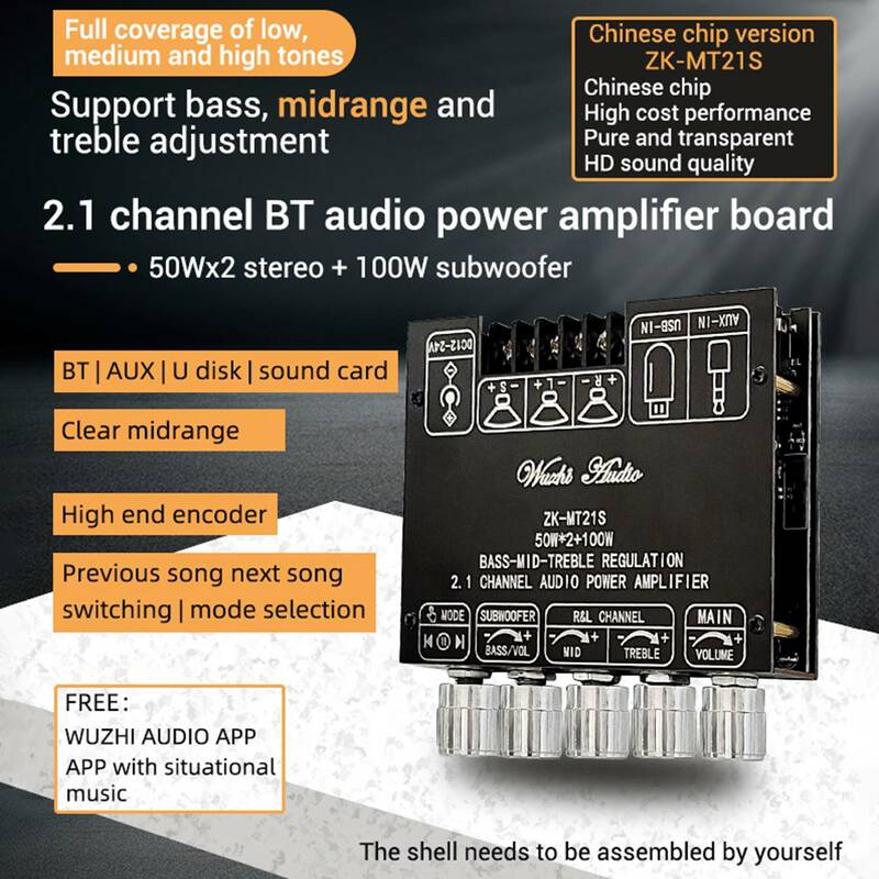 Placa Amplificadora de Potência Digital, Áudio Estéreo, Bluetooth 5.1 Bass, Subwoofer 2.1, ZK-MT21S, 2x50W + 100W 2.1, AUX 12V, 24V