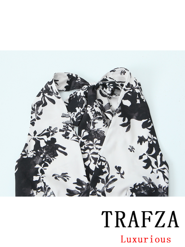 TRAFZA-Vestido largo informal con cuello en V para mujer, prenda femenina con estampado, Estilo Vintage, bohemio, para fiesta y playa, 2024