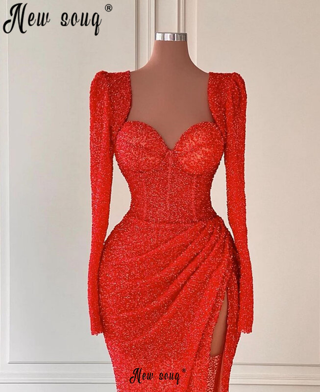 2023 vermelho Longo Sereia Vestido de Noite Frisado Faísca Vestidos Formais Plus Size Personalizado Fenda Lateral Manga Longa вечернее платье