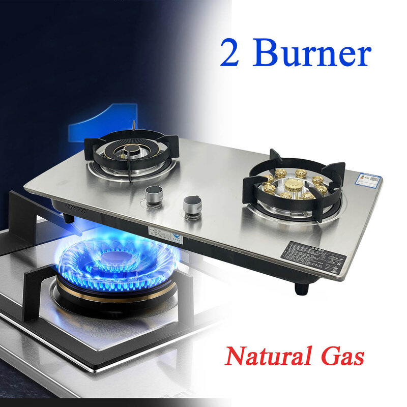 2 Heads Fierce Fire Gas Stove Embedded Stainless Household Steel Kitchen Gas Cooker Stove Dual-Use Left 4.5KW+ 5.2KW Right