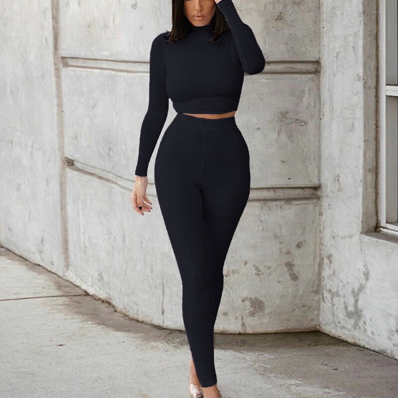 Women Spring Autumn Casual Two Piece Set Hooded Crop Tops Sporty Leggings Matching Stretchy Soft Skinny Fitness Slim Streetwear
