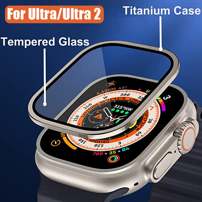 Caixa de liga de alumínio e vidro temperado para Apple Watch, protetor de tela para iWatch Ultra 2, 49mm, filme de capa HD, 1-2pcs