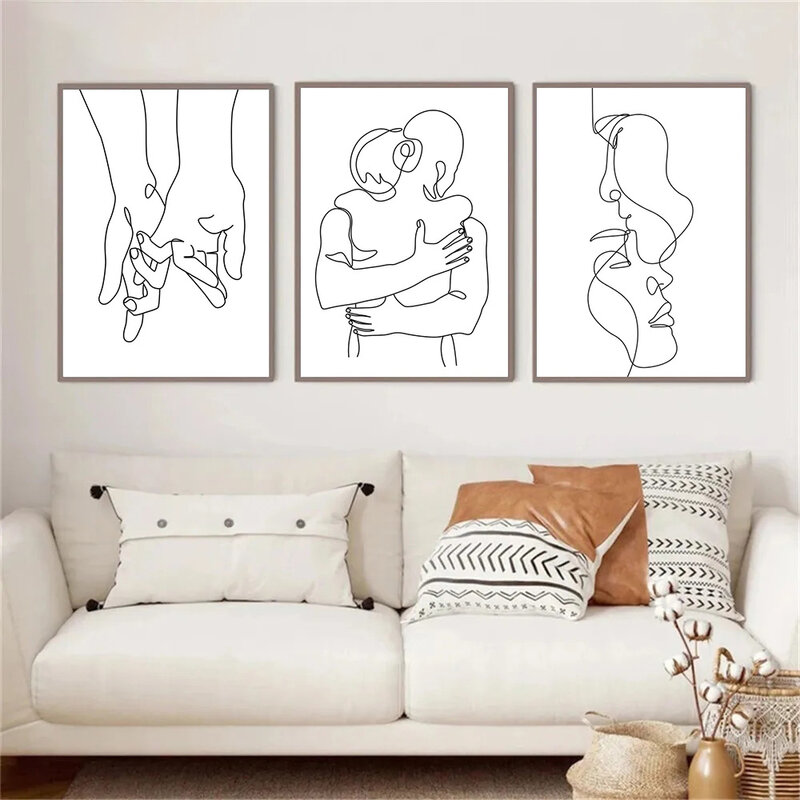 Pintura en lienzo de línea de pareja romántica, póster de amor de manos, Impresión de arte de pared abstracto, carteles minimalistas, imagen, sala de estar, decoración del hogar