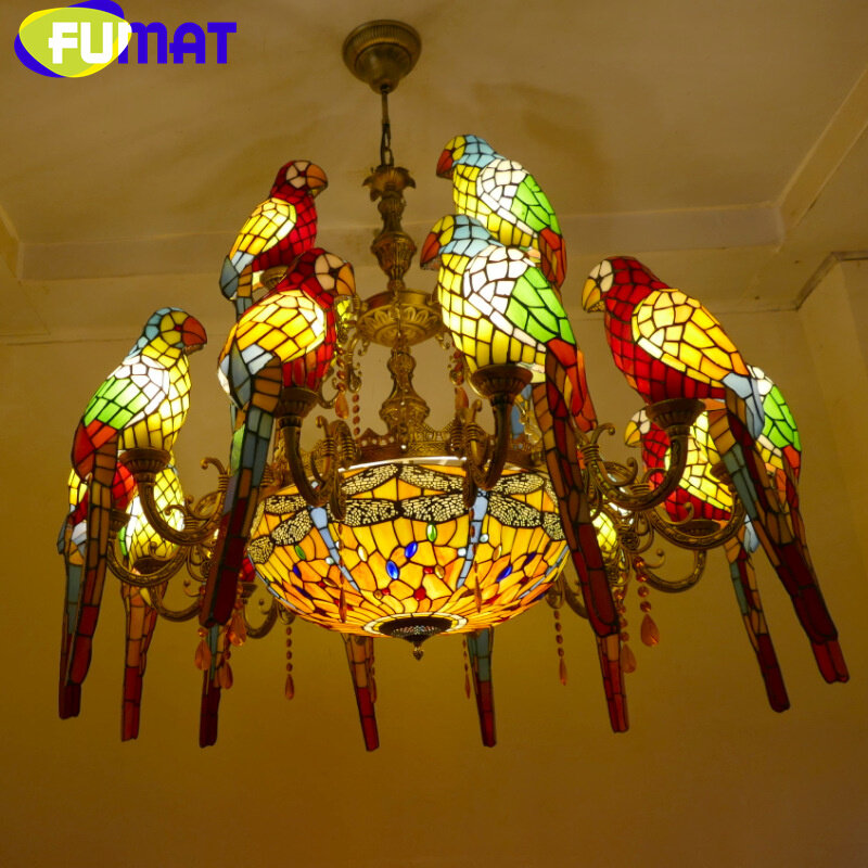 FUMAT Tiffany style stained glass American vintage rose parrot Pendant lamp Dining Room Hotel chandelier villa LED decor