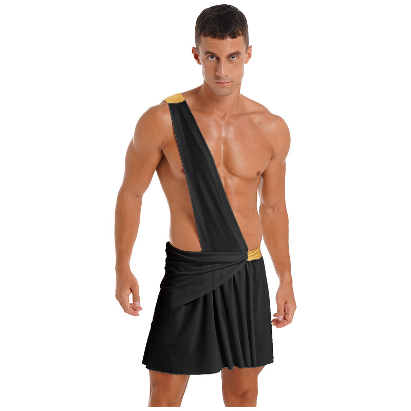 Mens Halloween Theme Party Fancy Cosplay Role Play Costume One Shoulder Strap Contrast Color Waistband Ruffle Skirt