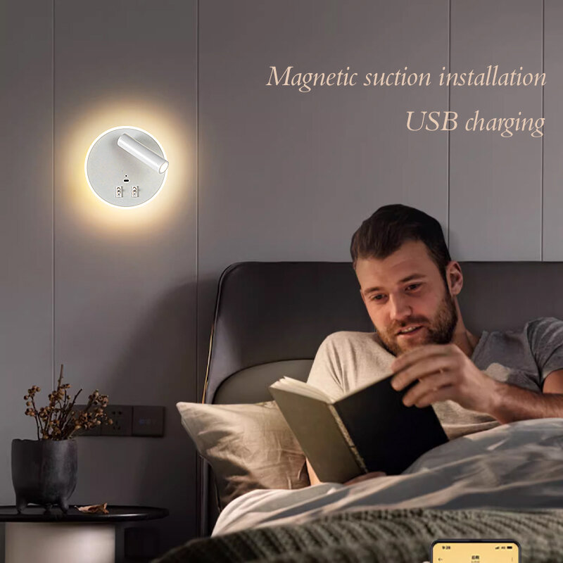 Lâmpada de parede circular LED com carregamento USB, 330 ° Rotating Lamp Head, fiação interior livre, sucção magnética, iluminação, doméstico, bateria, 6W