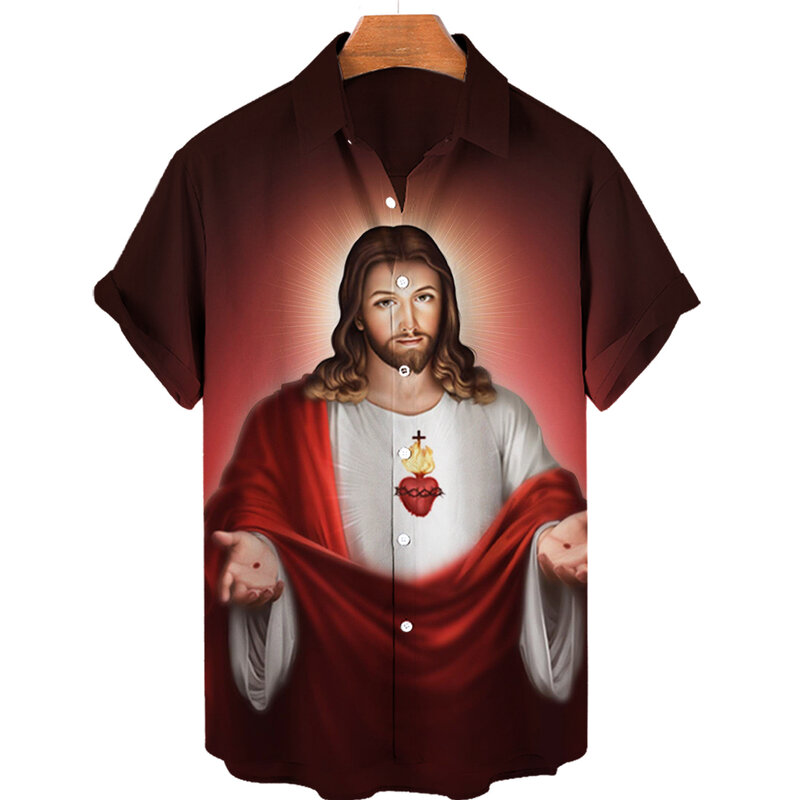Gott Jesus Mary Hawaii Hemden für Männer gekreuzigte Religion 3D-Druck Harajuku lässig Kurzarm übergroße Top-Kleidung tropisch