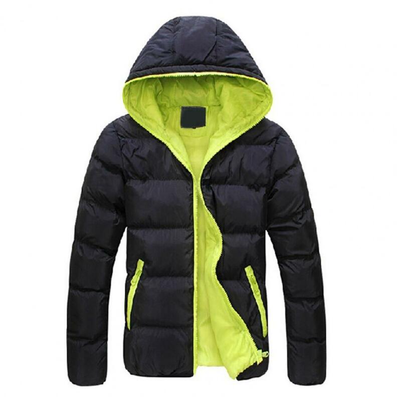 남성용 패딩 재킷, 후드 드로스트링, 긴팔 포켓, 지퍼 플래킷, 슬림하고 따뜻한 코트, 겨울
