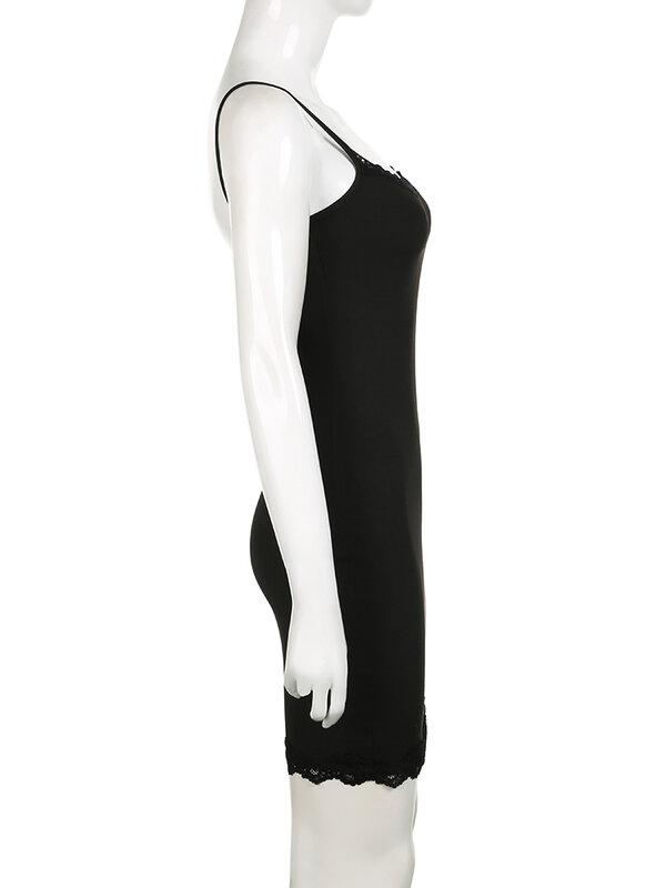 IAMSURE gaun Mini tanpa lengan wanita, gaun Bodycon Trim renda Solid ramping leher Slash untuk Musim Panas 2024
