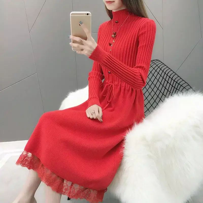 Elegante vestido de vendaje fruncido de encaje empalmado con cuello levantado para mujer, ropa de invierno suelta, vestidos coreanos para mujer, E472