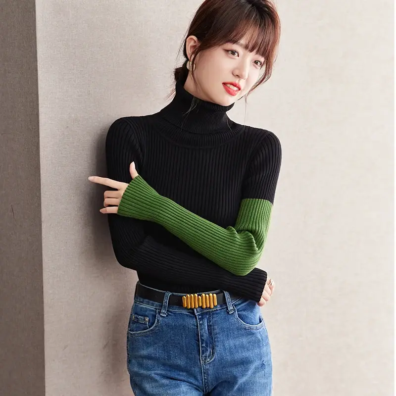 Turtleneck Long Sleeve Spliced Slim Fit Knitted Pullovers Sweater Autumn Winter Women Elegant Chic Knit Tops Female D2828