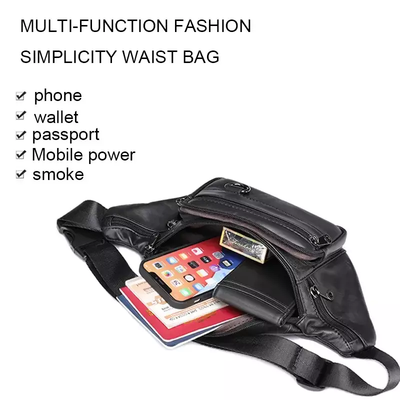 Simple fashion Men's Leather waist bag multifunction Crossbody bag Outdoor casual life waist bag