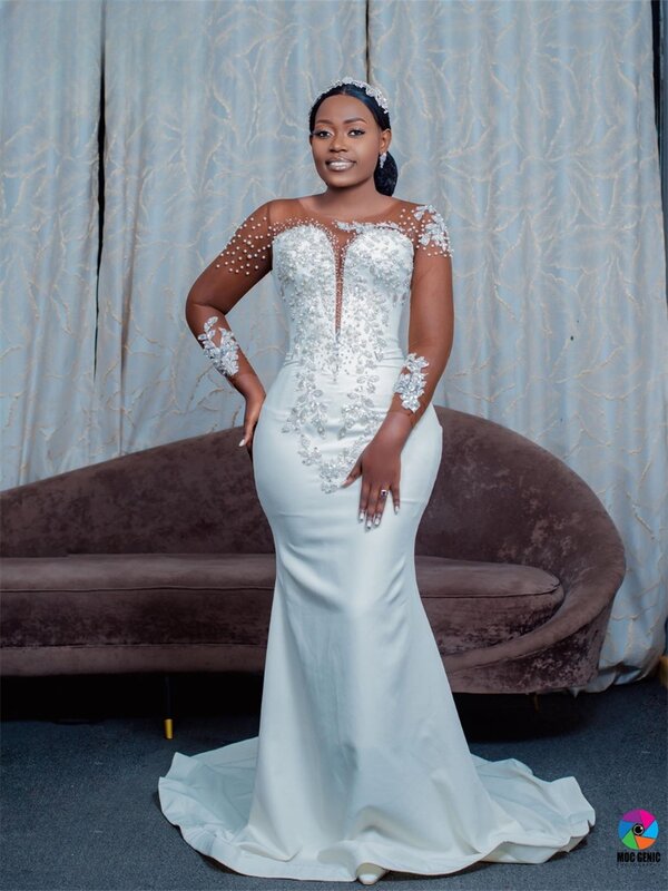 African Mermaid Wedding Dress Long Illusion Sleeve Appliques O Neck Pearls 2024 Satin Bridal Gown Vestido De Novia
