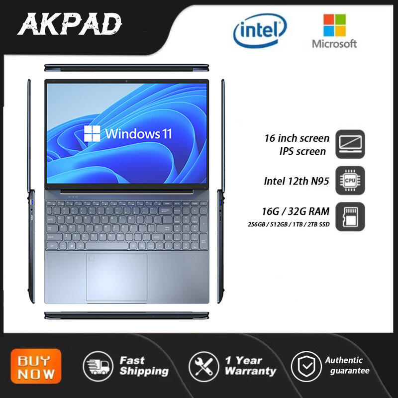Windows 11 Pro Gaming Laptops, 16 ", 12ª geração, Intel Alder, N95, Câmera WiFi, 2MP, Notebooks Office, 16", 32GB