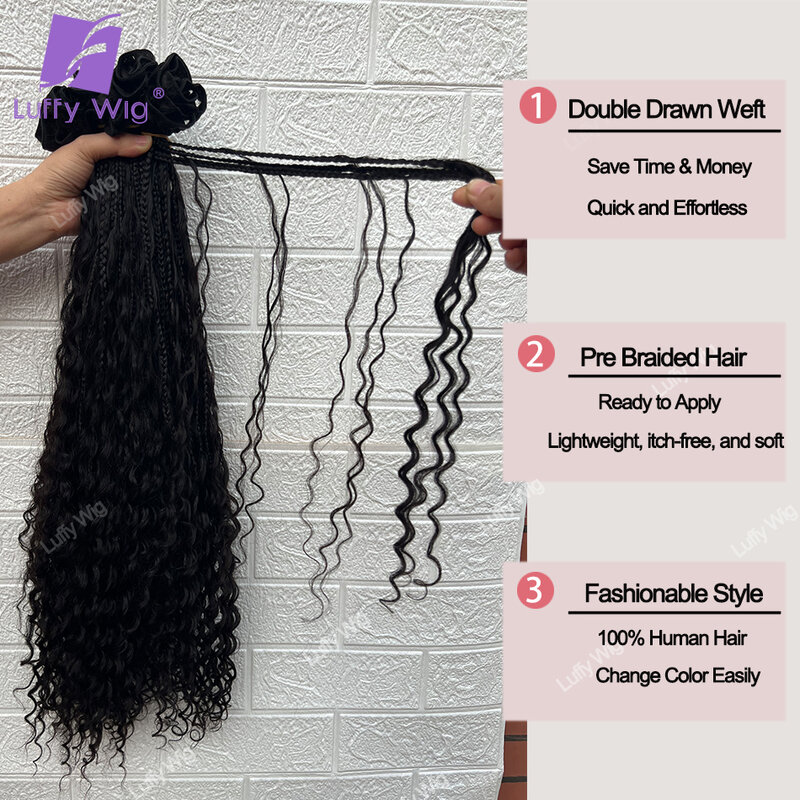 Luffy-Boho Box Braids Crochet Hair, Curly Extrémités, Birman, Remy Human Hair, Pré-tressé, Extensions, Noeud, Black Women, 150g