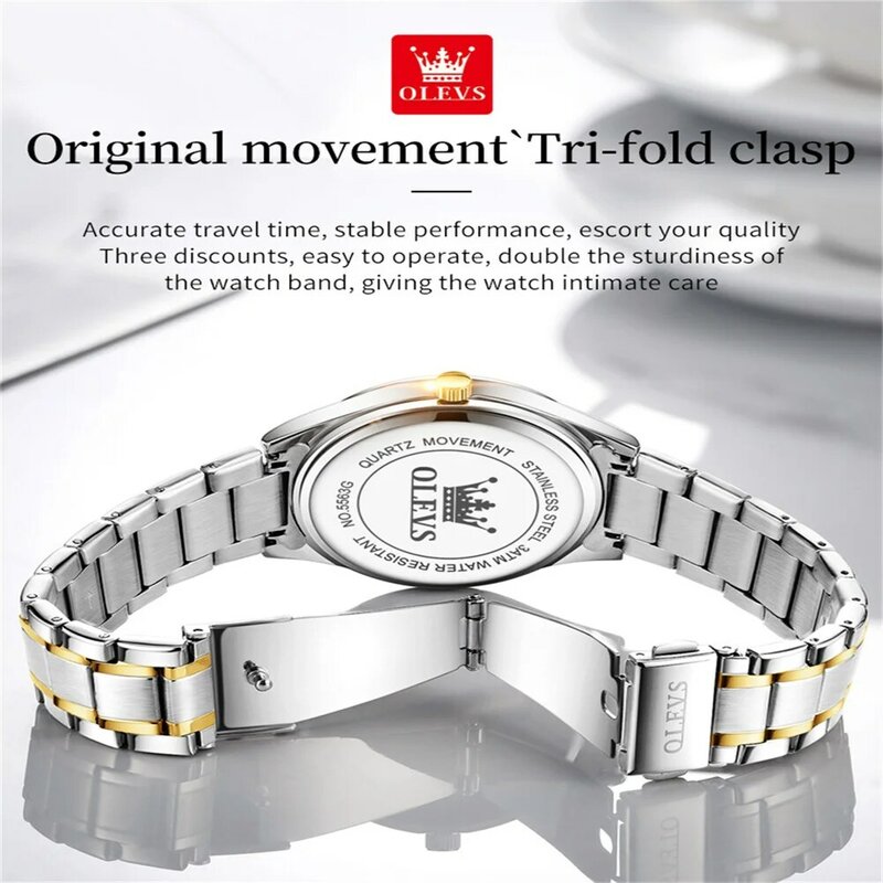 OLEVS-Conjunto de relógio de quartzo de luxo masculino e feminino, relógio de pulso de casal, relógio de aço inoxidável impermeável