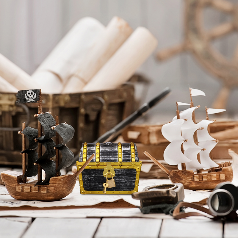 Golden Border Pirate Small Treasure Chest Lock Key - Perfect Kids Parties - Decorative Storage Box