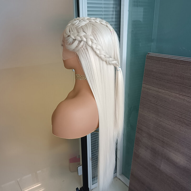Diniwigi długi jedwabisty peruki z prostymi syntetyczna koronka z warkoczami platynowa blond koronka z przodu peruka syntetyczna naturalny wygląd peruka
