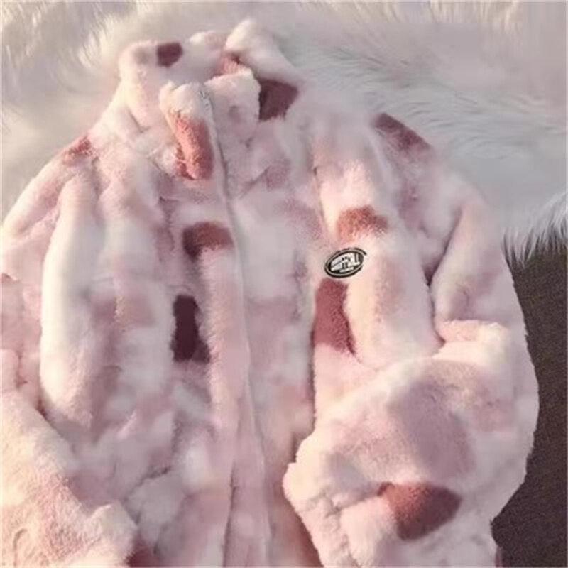 2023 nuovo coreano primavera e autunno Tie Dyed colletto in piedi sciolto lana di agnello cotone Outwear cappotto in pile di agnello coppia cappotto di peluche