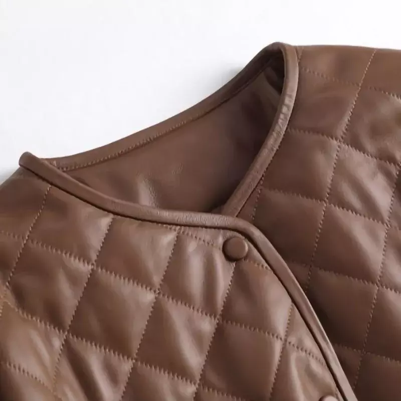 Women's Winter Thick Jacket Genuine Sheespkin Leather Rhombic Pattern Lady Leather Coat O Neck