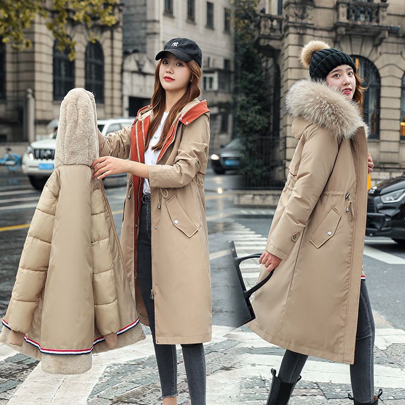 2023 여성용 두껍고 따뜻한 모피 안감 긴 파카, 모피 칼라 후드 코트, 캐주얼 재킷, 분리형 파카, 겨울 신상