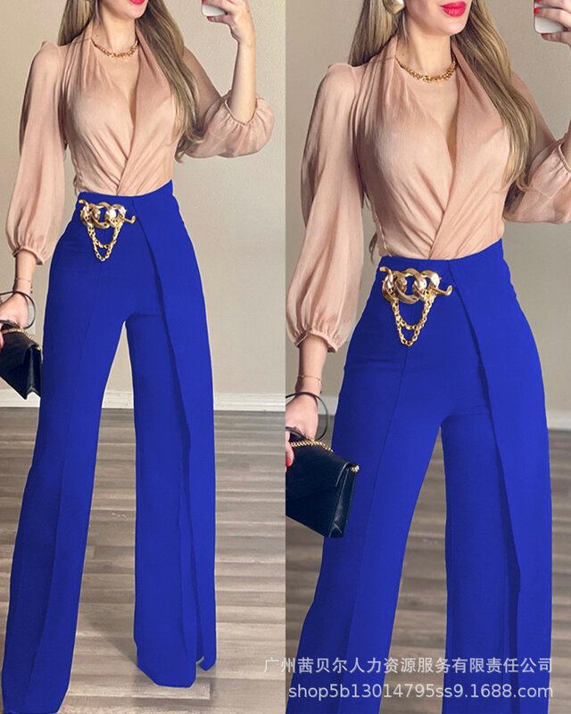 2024 Spring Summer New Women's Clothing Solid Color False Two-Piece Metal Ring Decoration Suit Pants