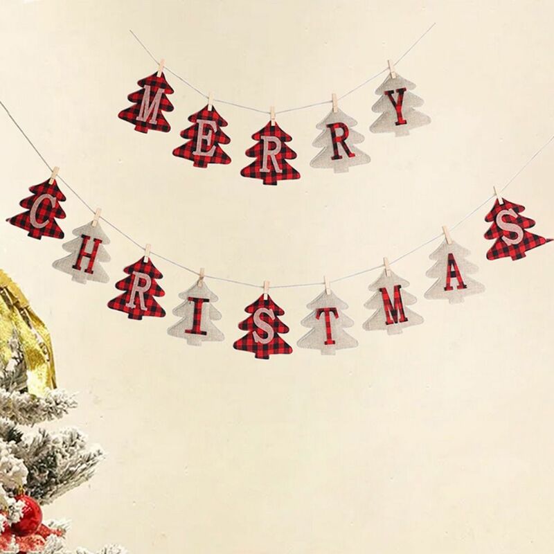 Removível Feliz Natal Puxar Bandeiras, Banners Decorativos, Madeira, Corda De Cânhamo, Forma De Árvore, Pendurado
