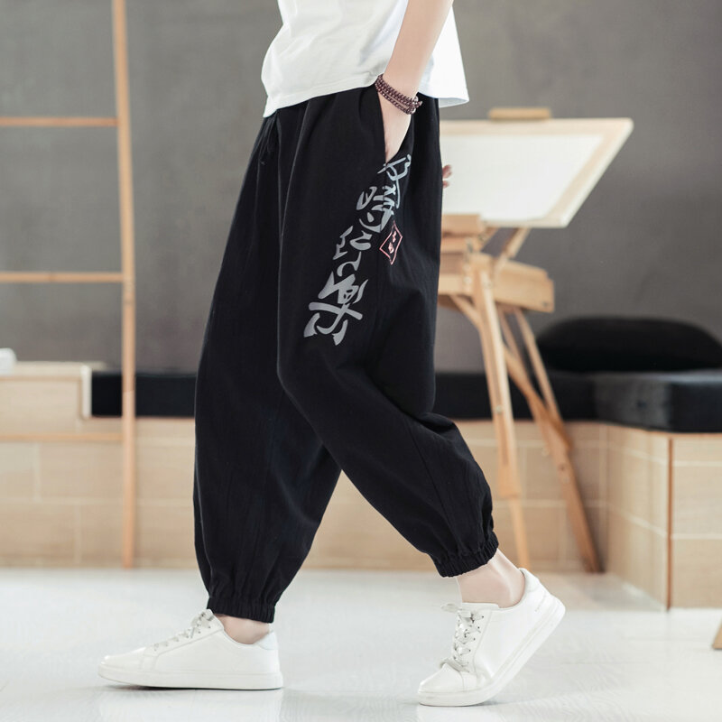 Pantaloni Casual larghi in stile cinese per uomo pantaloni alla caviglia in lino di cotone primavera estate pantaloni Hallen con stampa di caratteri cinesi
