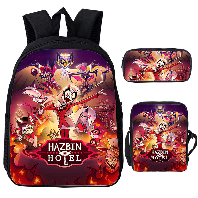 재밌는 만화 Hazbin 프린트 학교 가방, 학생용 대용량 책가방, 소년 소녀 애니메이션 배낭 숄더백, 연필 가방, 3 개 세트