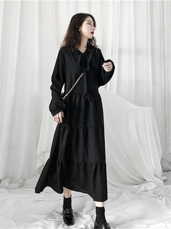 Vestido japonês de rua para mulheres, vestidos para primavera e outono, 2021, longo, midi, vestido kawaii, vintage, preto, chique, xxl