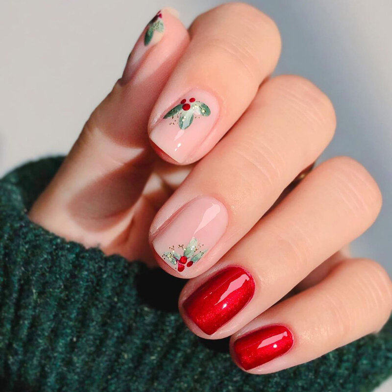 Red Press on Nails with Green Leaf Printed Easy to Apply Simple to Peel off Nails for Daily and Parties Wearing