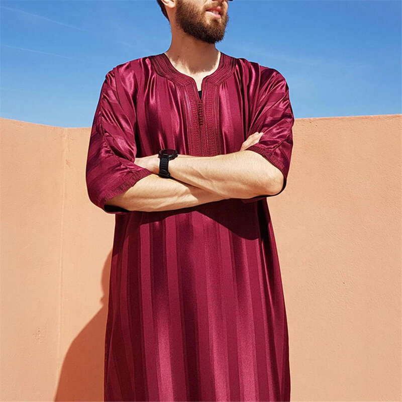 2024 New Men Arab Muslim Abaya Islamic Clothing Men's Embroidered Jubba Thobe Moroccan Dubai Kaftan Eid Prayer Long Robe Dress