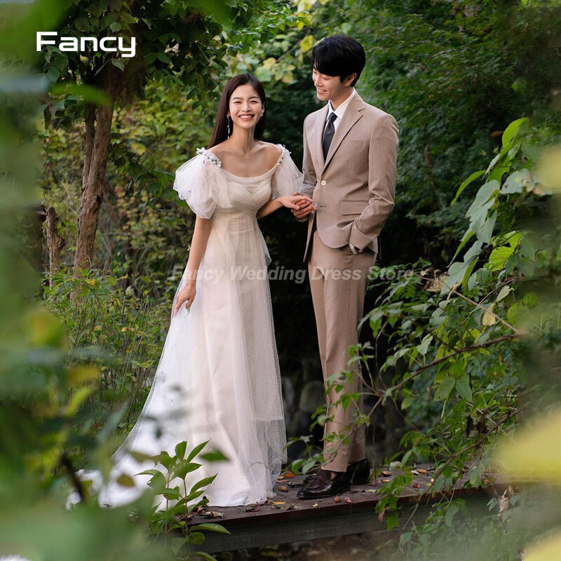 Fancy Elegant O Neck Wedding Dress Korea Photo Shoot A Line Soft Tulle Short Sleeve Bridal Gown Floor Length 웨딩드레스 Custom Made