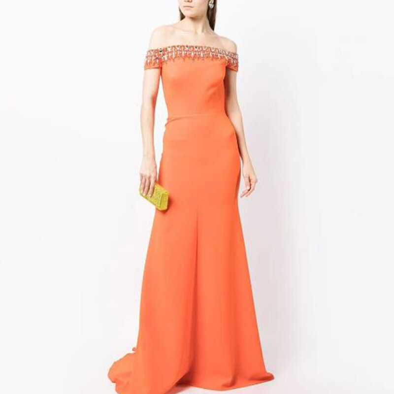 Orange Evening Dresses for Women Crystal Off the Shoulder Luxury Evening Gowns Long Mermaid/Trumpet Elegant Prom Dress 2024