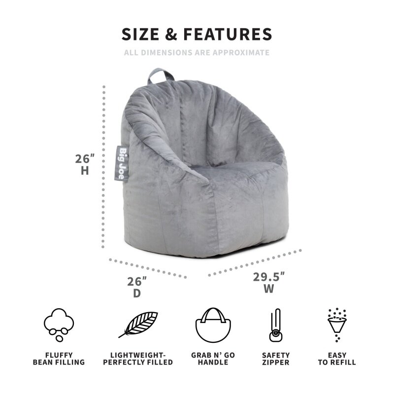 Стул Big Joe Bean Bag, плюшевый, для детей/подростков, 2,5 фута, серый