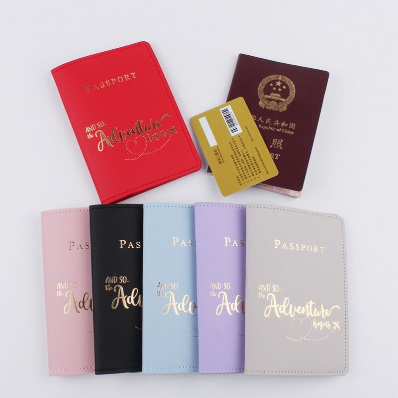 Women Men Passport Holder Cover with Card Slot PU Leather Hot Stamping Letters Plane Travel Wallet Trip ID Card Case Organizer