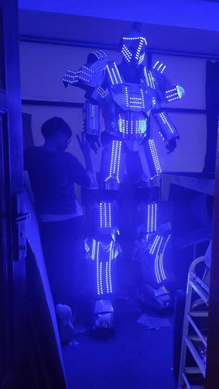 Ropa de espectáculo de escenario, traje de luz LED de Robot, andador, stilt, festival de Música, armadura de actuación de concierto, oro y plata