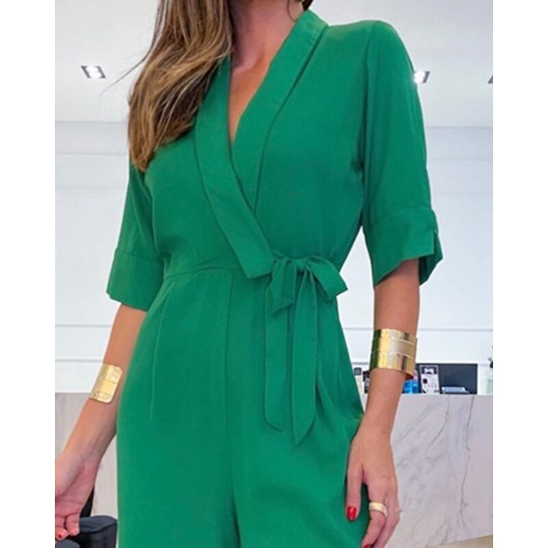 Spring Summer Women Tied Detail Wide Leg Jumpsuits Office Lady Half Sleeve V-Neck Elegant Workwear One Piece Outfits Robe Femme