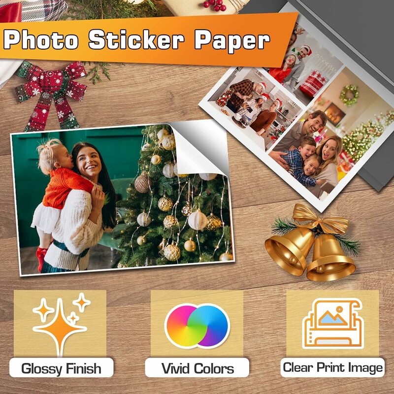 ESHANG kertas foto berperekat kertas stiker mengkilap untuk Printer Inkjet, 3R 4R 5R A4 100 lembar, 135 gsm 36Ib