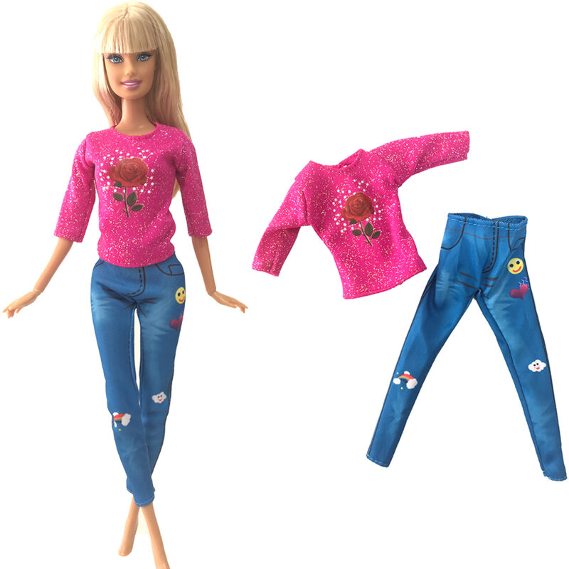 NK Resmi 1 Set Pakaian Fashion Kaus Pola Merah Muda Celana Lucu untuk 1/6 Aksesori Boneka Pakaian Kasual untuk Boneka Barbie