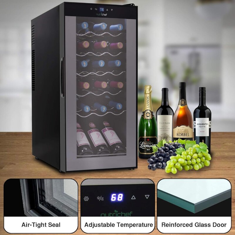 NutriChef Wine Cooler Refrigerator - 18-Bottle Wine Fridge with Air-Tight Glass Door, Touch Screen Digital