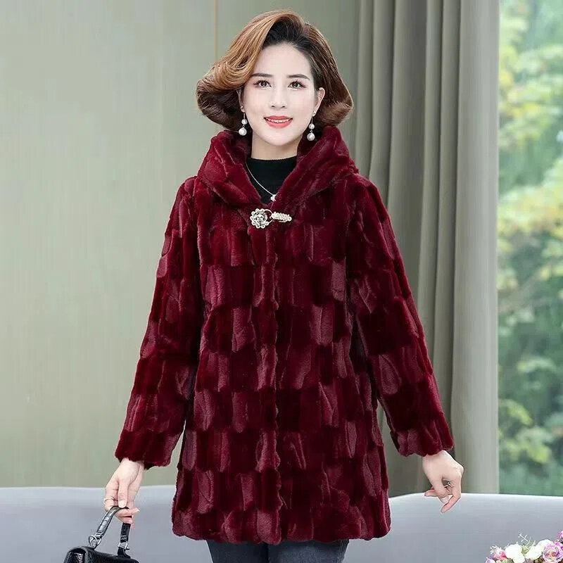 New Mother's Winter Wear High-grade Imitation Mink Fur Coat Middle-aged And Old Women's Hooded Thickened Mink Overcoat 5XL